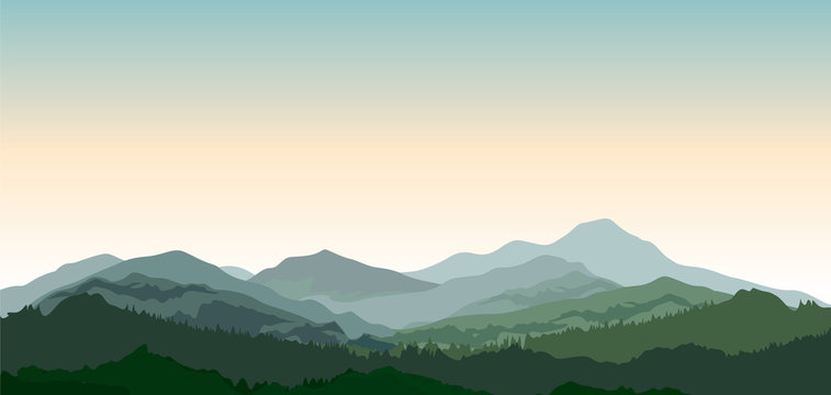 Landscape with mountains. Nature background.  Vector countryside view with forest, field and hills