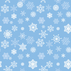 Snow pattern. Snowflakes seamless texture. Blue winter background 