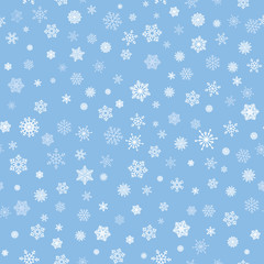 Snow pattern. Snowflakes seamless texture. Blue winter background 