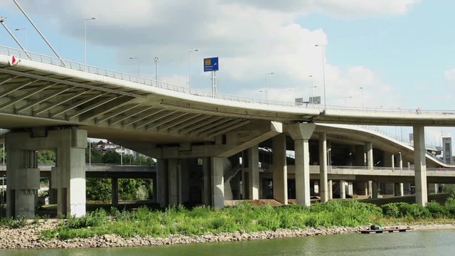 Traffic at New Bridge in Belgrade, Serbia; named " Most na Adi"; Balkan's side of town;