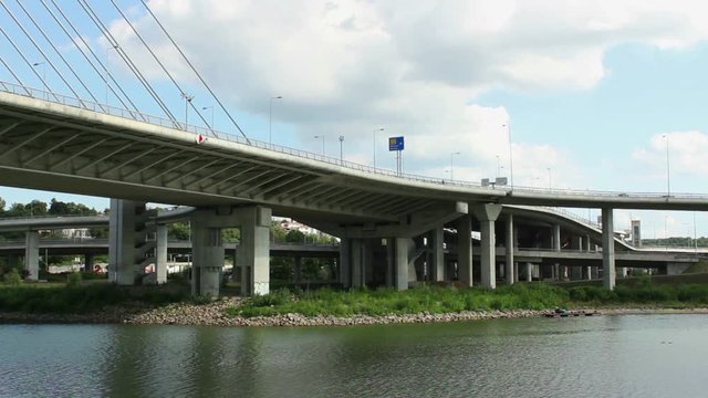 Traffic at New Bridge in Belgrade, Serbia; named " Most na Adi"; Balkan's side of town;