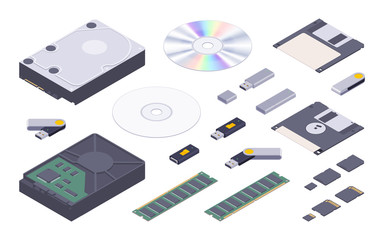 Isometric flat digital memory storages set. The objects are isolated against the white background and shown from two sides