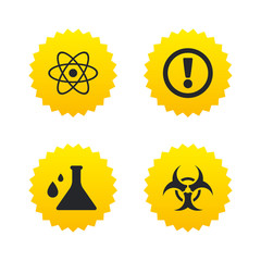 Attention biohazard icons. Chemistry flask.