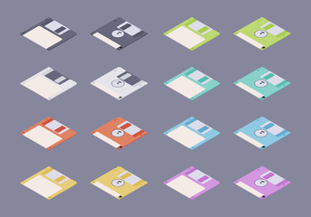 Isometric flat colored floppy disks, diskettes set. The objects are isolated against the dark-purple background and shown from two sides