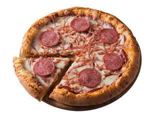Tasty pizza with ham and salami, isolated