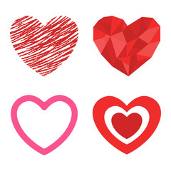 Simple red hearts sharp vector icon. Color card beautiful celebrate bright emoticon red heart symbols. Red heart holiday abstract art icon decoration. Romance shape design. Love amour heart symbol.