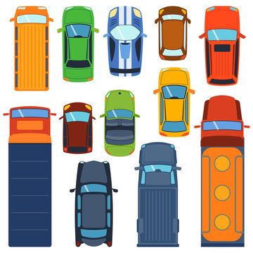 Vector Cars Icon Set. From Above Car Top View. Includes Sedan Commercial Van Truck Wagon, Cabrio, Sport Car, Hatchback Vehicles. Transportation Vehicle Collection Design Car Top View Motor Van.