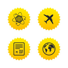 Airplane icons. World globe symbol.