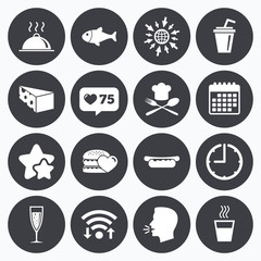 Food, drink icons. Alcohol, fish and burger.