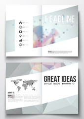 Set of business templates for brochure, magazine, flyer, booklet or annual report. Molecular construction with connected lines and dots, scientific pattern on colorful polygonal background