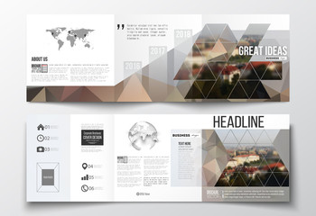 Set of tri-fold brochures, square design templates. Polygonal background, blurred image, urban landscape, Prague cityscape, modern stylish triangular vector texture.