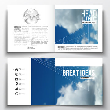 Set of annual report business templates for brochure, magazine, flyer or booklet. Beautiful blue sky, abstract geometric background with white clouds, leaflet cover, layout, vector illustration.