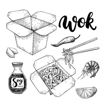 Wok vector drawing with lettering. Isolated chinese box and chop
