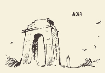 Sketch India Gate New Delhi Vector illustration.