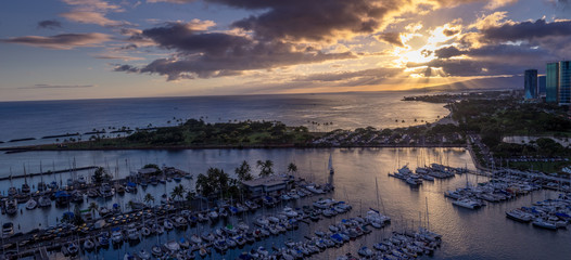 Panoramic view of the Ala Moana Beach Park and Magic Island Lagoon in Honolulu, Hawaii.