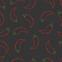 Obraz premium Vector seamless pattern hand drawn brush line red chili pepper on black background