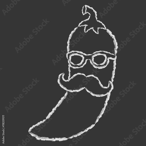 "Vector hand drawn brush line white chili pepper with mustache and