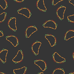 Vector seamless pattern hand drawn brush line chalk color taco on black background
