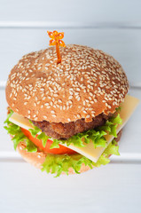 Hamburger with salad, tomato, meat on white backdrop