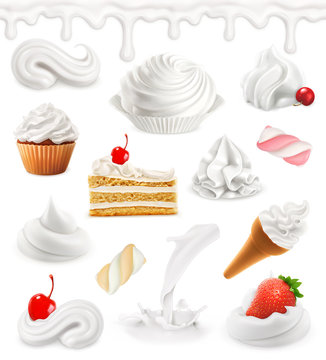 Whipped Cream, Milk, Ice Cream, Cake, Cupcake, Candy. Sweet 3d Vector Icon Set