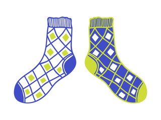 Pair of doodle socks isolated on white background. Clothing, accessory.