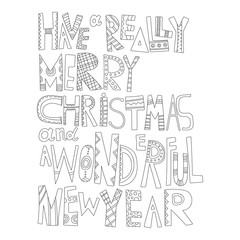 Black and white Christmas greetings for coloring. Decorative lettering