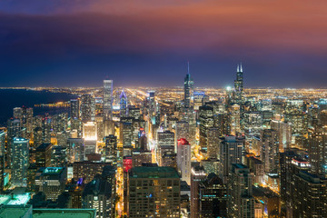 Fototapeta na wymiar Aerial view of Chicago downtown skyline at sunset