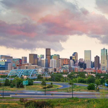Panorama of Denver skyline at twilight.