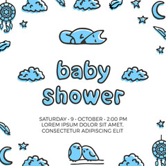 Baby shower vector template with cute sleeping fox and a couple of birds. Doodle illustrations and lettering
