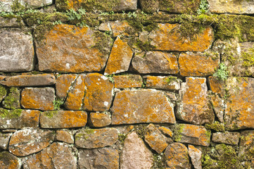 Stone wall with moss and lichen closeup as background