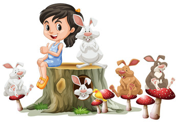 Girl and cute rabbits on log