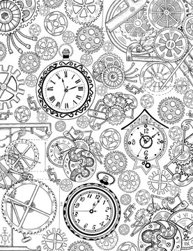 Coloring book page with mechanical details and old clocks