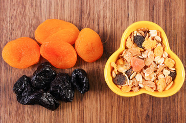 Dried fruits and muesli in bowl, concept of healthy nutrition and increase metabolism