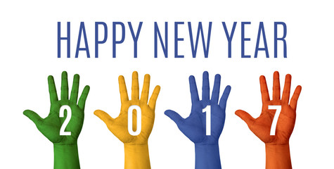 Happy new year 2017 word with colorful hand raise up on white ba