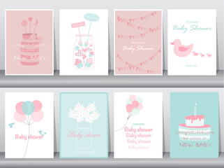 Fototapeta na wymiar Set of baby shower invitations cards,poster,greeting,template,cakes,bottle,balloon,Vector illustrations