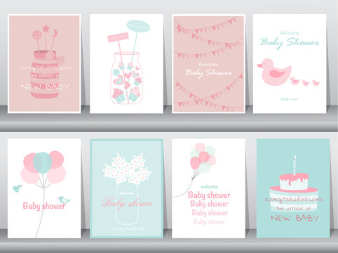 Set of baby shower invitations cards,poster,greeting,template,cakes,bottle,balloon,Vector illustrations