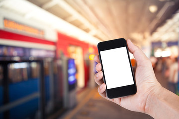 Person using smartphone white screen holder on hand with  blurre