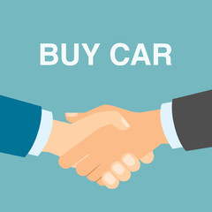 Buy car handshake. Men shaking hands in agreement about buying car. Agency selling cars.
