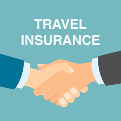 Travel insurance handshake. Including, medical, health care and family protection. Agreement in travel agency.