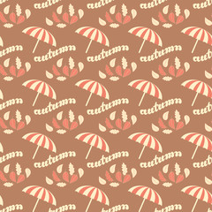 Autumn background with leaves and umbrellas. Lettering seamless pattern.
