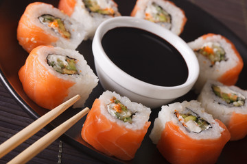 Philadelphia rolls with fresh salmon close-up. horizontal
