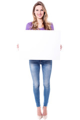 Pretty lady holding blank whiteboard