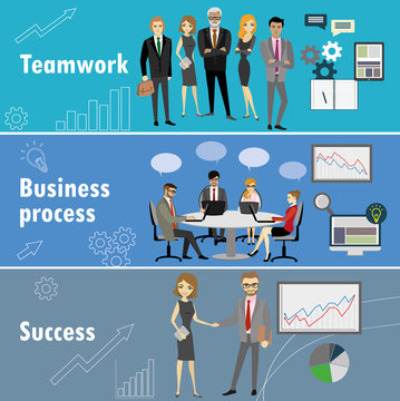 flat banner set with teamwork, business process and success