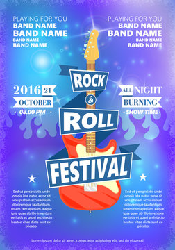 Vintage poster of Rock and roll festival. Hot burning rock party. Cartoon Design element for poster, flyer, emblem, logo, sign. Vector design element.
