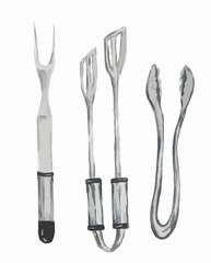 Watercolor grill utensil. Cooking tongs. Three set for holding hot meal.