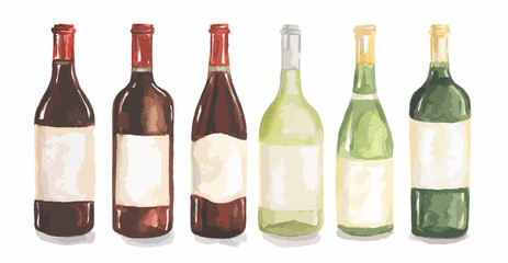 Fototapeta premium Watercolor wine bottles set. Beautiful bottles for decoration menu in restaurant or cafe. Alcoholic beverage.