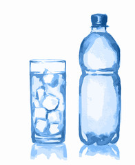 Watercolor water bottle and glass. Fresh healthy beverage. White background.