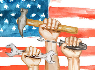 Hands with tools on the background of the USA flag. happy labor day watercolor illustration