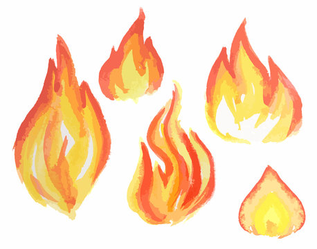 Watercolor flame set. Different kids of flames and fire. Fire element. Light, heat and danger.