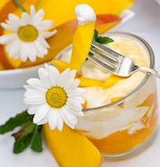 Einladung zur gesunden Ernährung: Leichter, fruchtiger, kalorienarmer Sommergenuss: Mango-Quark mit frischer Mango und Margeriten :)